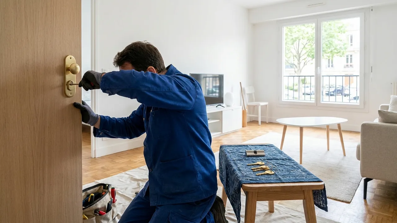 Pose d'une serrure neuve avec cylindre et clés sur une porte d'entrée à Orsay