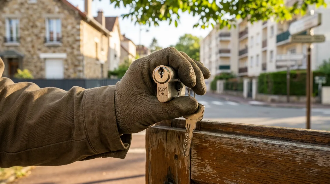 Serrure multipoints certifiée A2P posée sur une porte d'entrée à Orsay